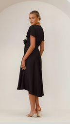 Black Dress Fashion V Neck Midi Dress A-Line Sleeveless Solid Color High Low Prom Dress
