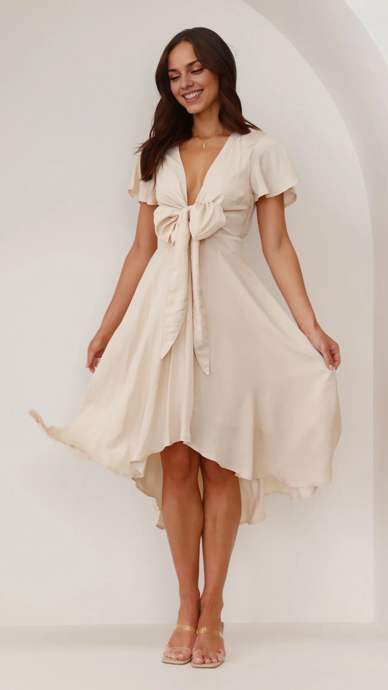 Black Dress Fashion V Neck Midi Dress A-Line Sleeveless Solid Color High Low Prom Dress