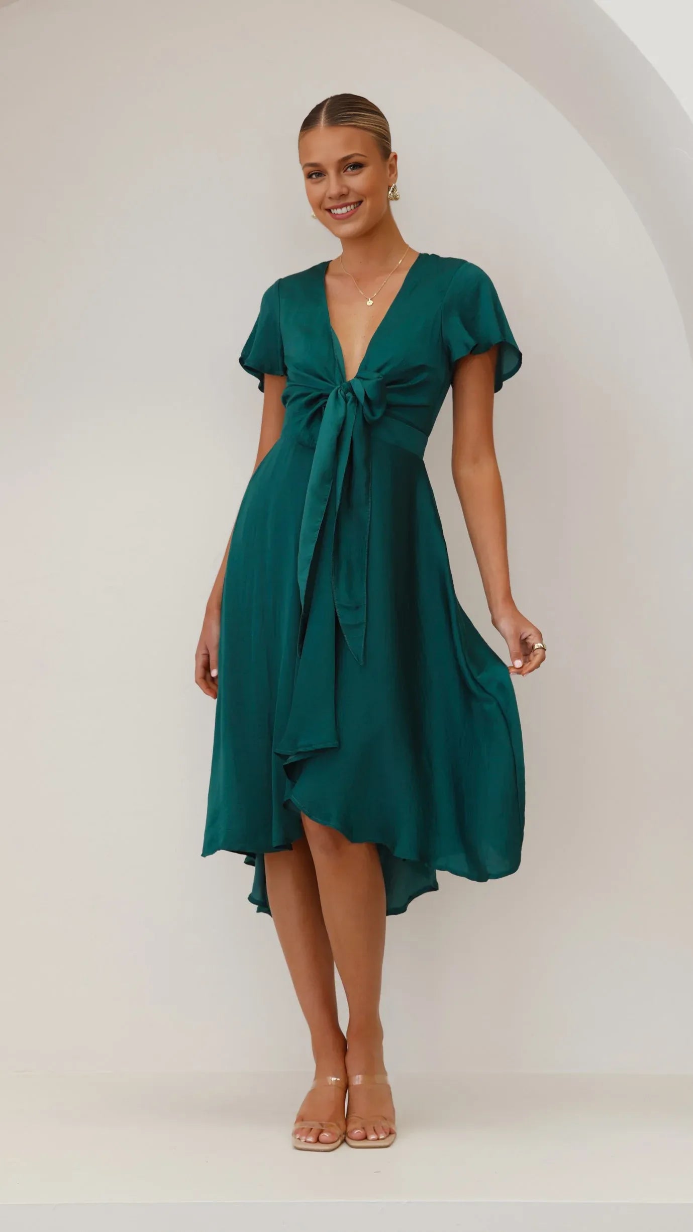 Black Dress Fashion V Neck Midi Dress A-Line Sleeveless Solid Color High Low Prom Dress