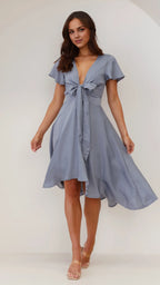 Black Dress Fashion V Neck Midi Dress A-Line Sleeveless Solid Color High Low Prom Dress