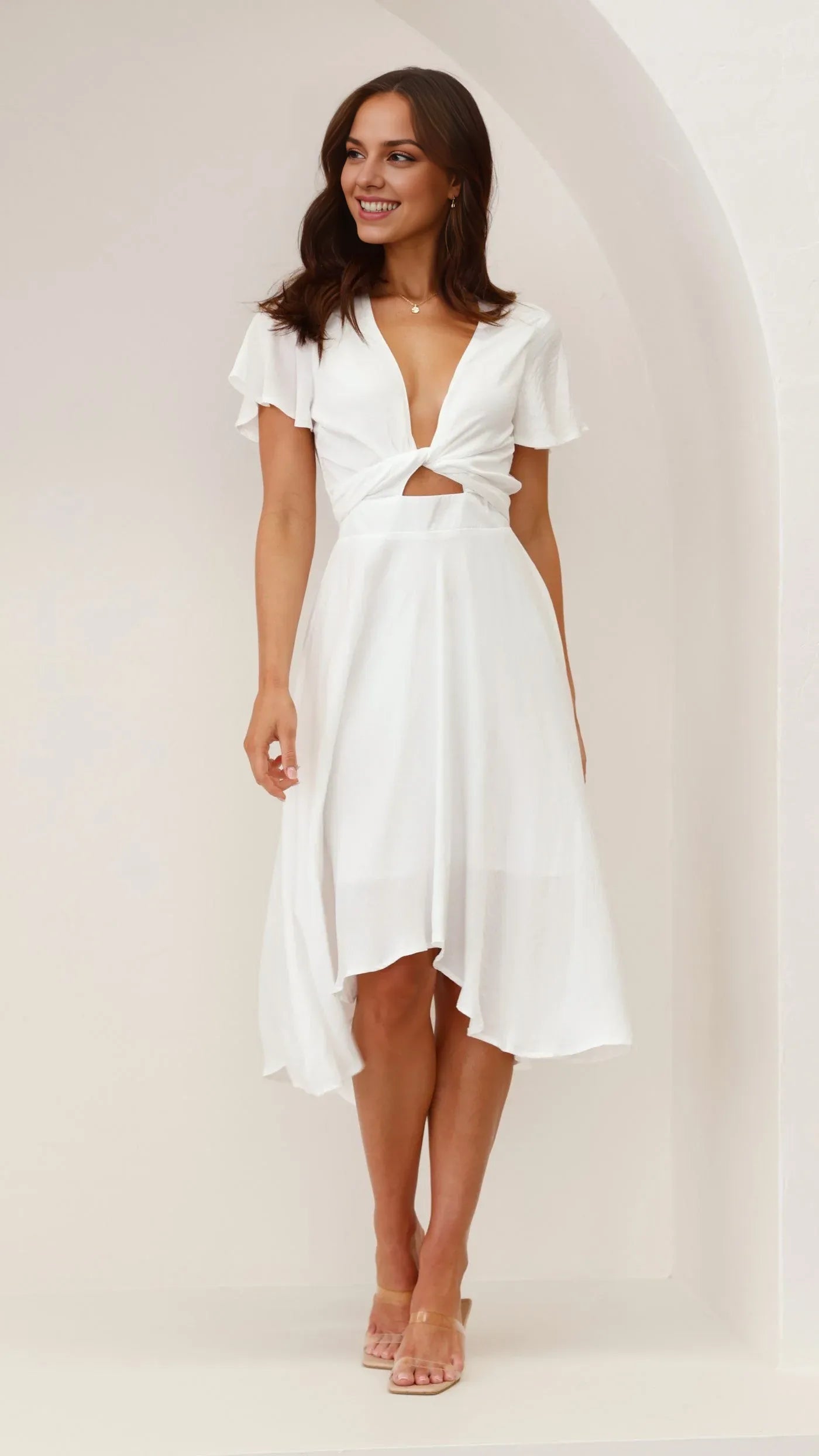 Black Dress Fashion V Neck Midi Dress A-Line Sleeveless Solid Color High Low Prom Dress