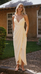 Yellow Dress Fashion V Neck Spaghetti Straps Maxi Dress Sheath Backless Solid Color Sleeveless Prom Dress