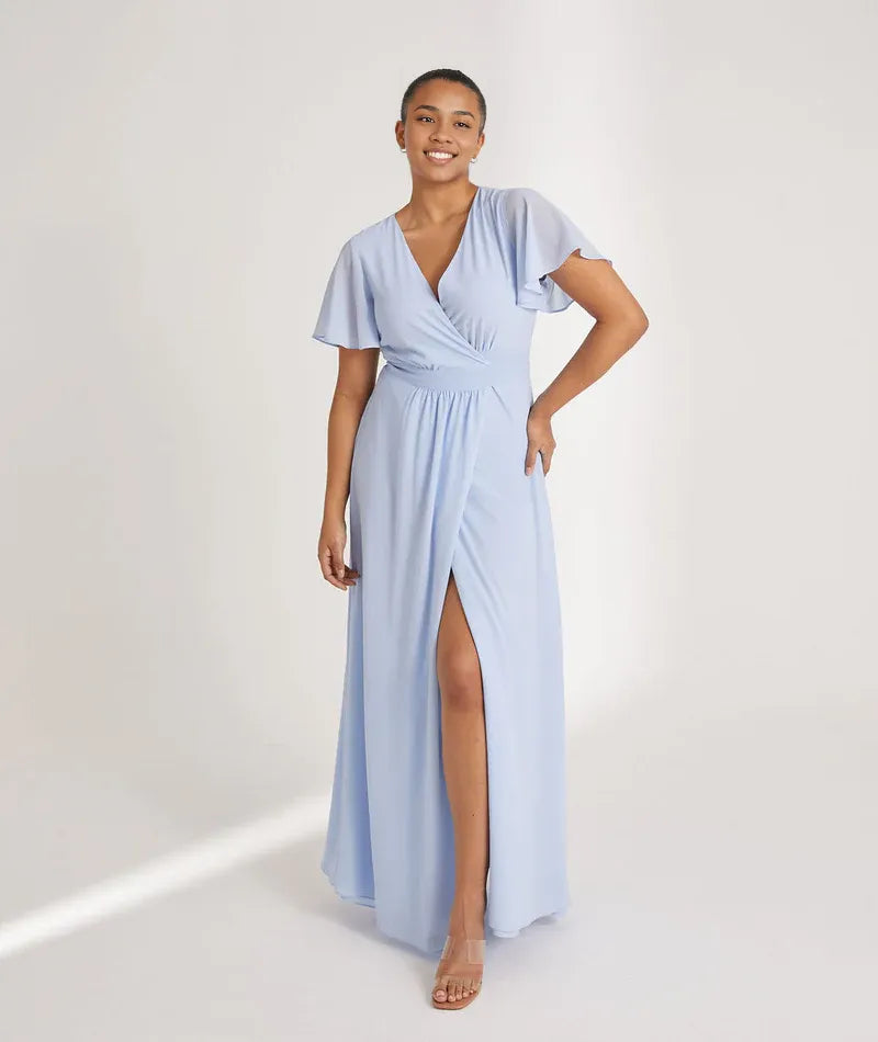 Blue Dress Fashion V Neck Wrap Tie Bridesmaid Dress Maxi Dress Solid Color Flutter Sleeve A-Line Prom Dress