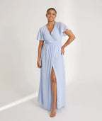 Blue Dress Fashion V Neck Wrap Tie Bridesmaid Dress Maxi Dress Solid Color Flutter Sleeve A-Line Prom Dress