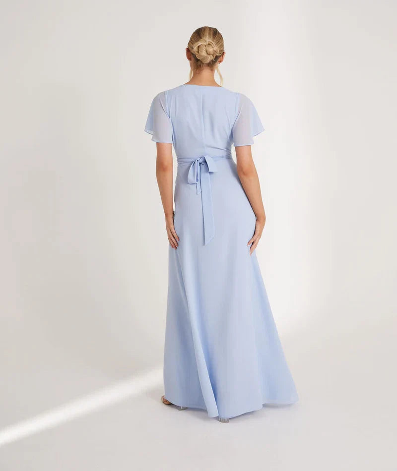 Blue Dress Fashion V Neck Wrap Tie Bridesmaid Dress Maxi Dress Solid Color Flutter Sleeve A-Line Prom Dress