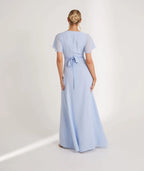 Blue Dress Fashion V Neck Wrap Tie Bridesmaid Dress Maxi Dress Solid Color Flutter Sleeve A-Line Prom Dress