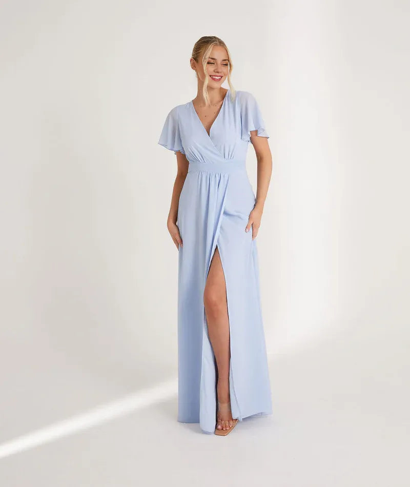 Blue Dress Fashion V Neck Wrap Tie Bridesmaid Dress Maxi Dress Solid Color Flutter Sleeve A-Line Prom Dress