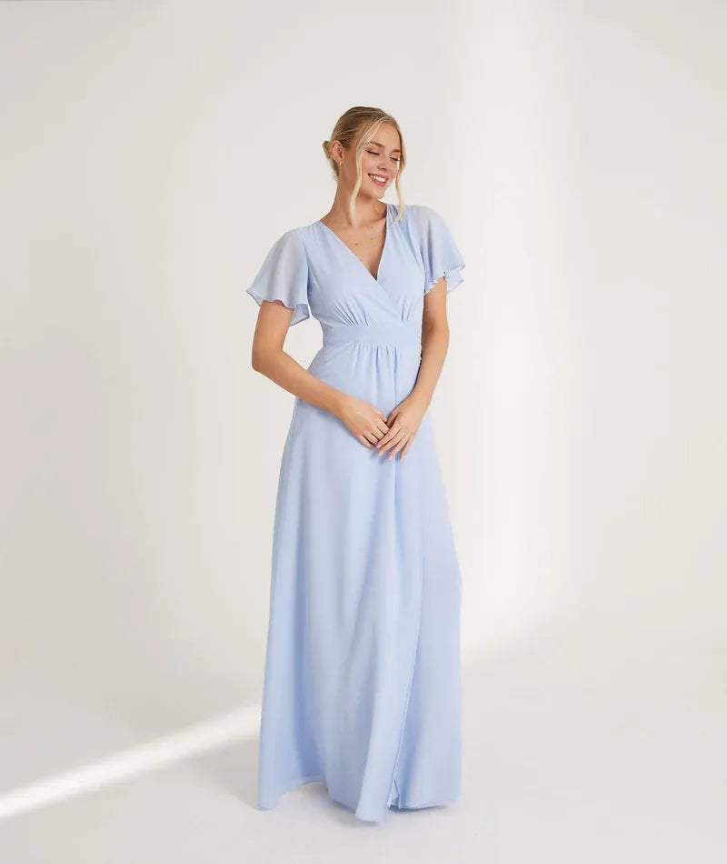 Blue Dress Fashion V Neck Wrap Tie Bridesmaid Dress Maxi Dress Solid Color Flutter Sleeve A-Line Prom Dress