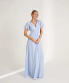 Blue Dress Fashion V Neck Wrap Tie Bridesmaid Dress Maxi Dress Solid Color Flutter Sleeve A-Line Prom Dress