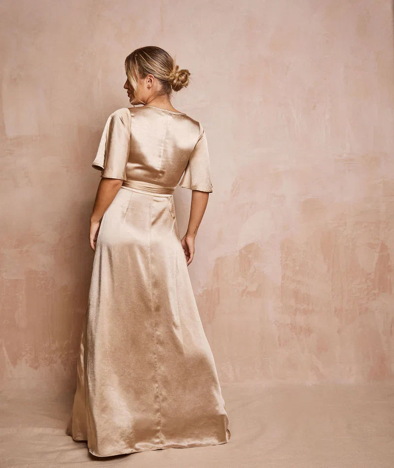 Dress Fashion Wrap Tie Bridesmaid Dress Maxi Dress Solid Color Champagne Flutter Sleeve Column Prom Dress