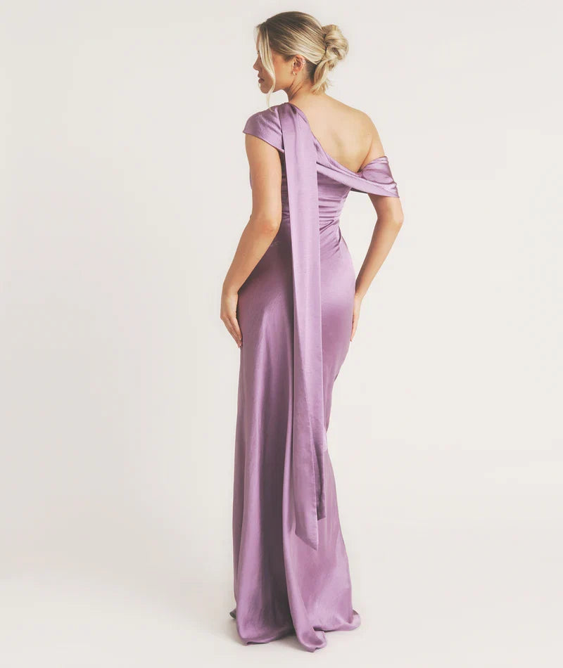 Dress Fashionable One Shoulder Drape Detail Bridesmaid Dress Maxi Dress Solid Color Orchid Sleeveless Prom Dress