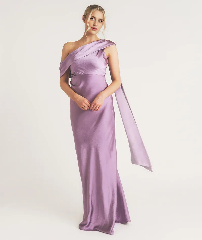 Dress Fashionable One Shoulder Drape Detail Bridesmaid Dress Maxi Dress Solid Color Orchid Sleeveless Prom Dress