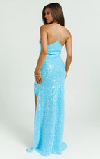 Blue Dress Fashionable Scoop Neck Open Back Maxi Dress Sheath Sleeveless Solid Color Evening Dress With Hight Slit