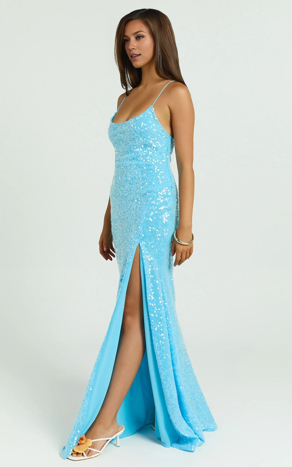 Blue Dress Fashionable Scoop Neck Open Back Maxi Dress Sheath Sleeveless Solid Color Evening Dress With Hight Slit