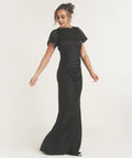 Black Dress Flutter Sleeve Tie Back Bridesmaid Dress Pleated Solid Color Fashion Column Prom Dress