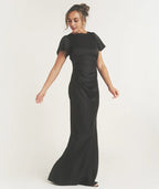 Black Dress Flutter Sleeve Tie Back Bridesmaid Dress Pleated Solid Color Fashion Column Prom Dress