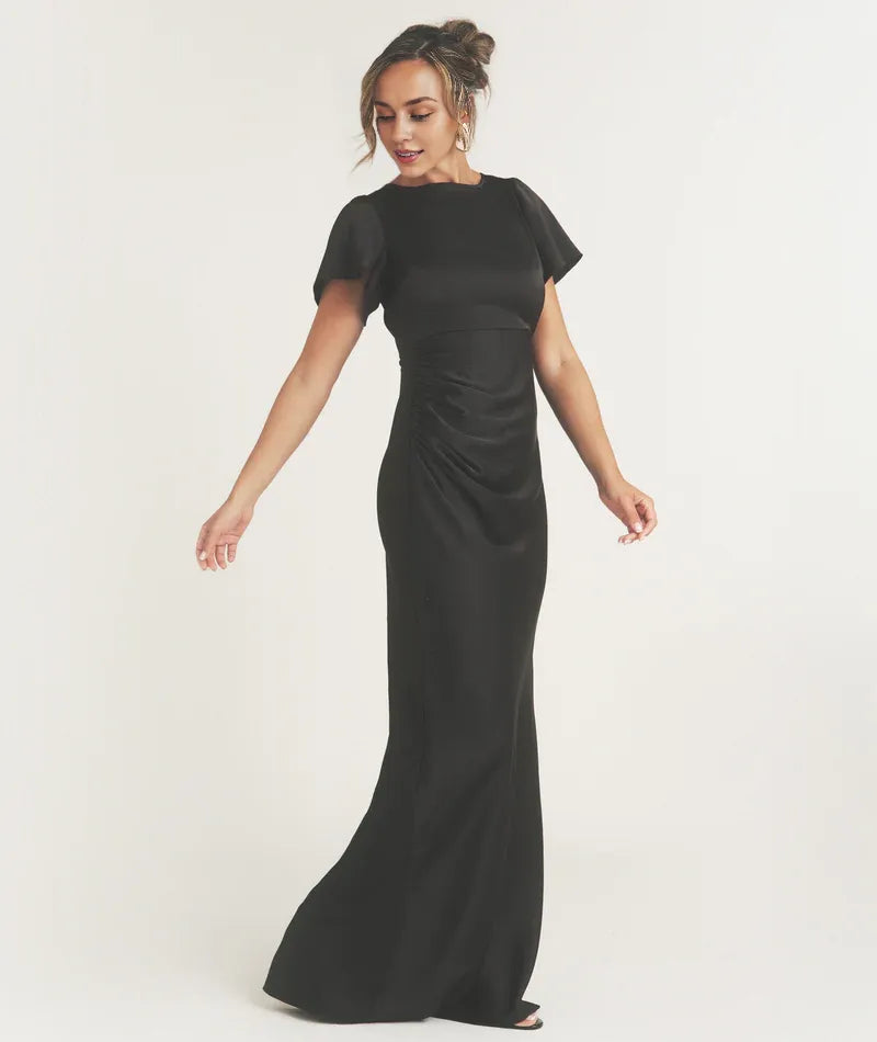 Black Dress Flutter Sleeve Tie Back Bridesmaid Dress Pleated Solid Color Fashion Column Prom Dress