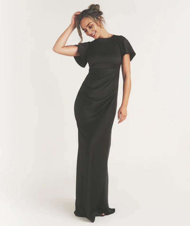 Black Dress Flutter Sleeve Tie Back Bridesmaid Dress Pleated Solid Color Fashion Column Prom Dress