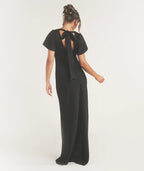 Black Dress Flutter Sleeve Tie Back Bridesmaid Dress Pleated Solid Color Fashion Column Prom Dress