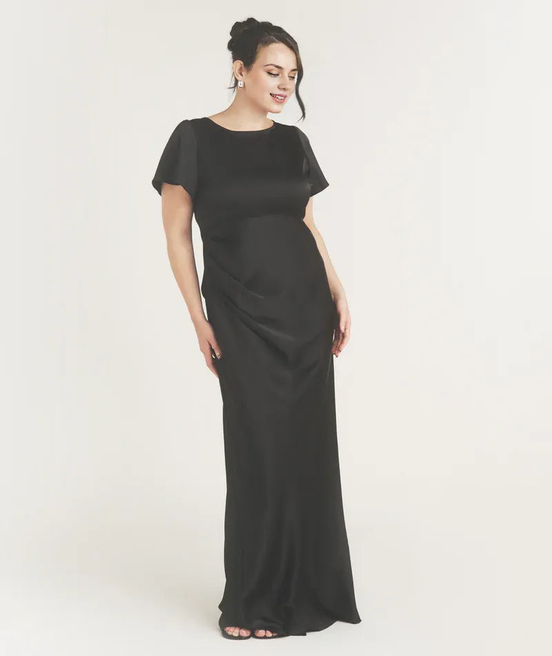 Black Dress Flutter Sleeve Tie Back Bridesmaid Dress Pleated Solid Color Fashion Column Prom Dress