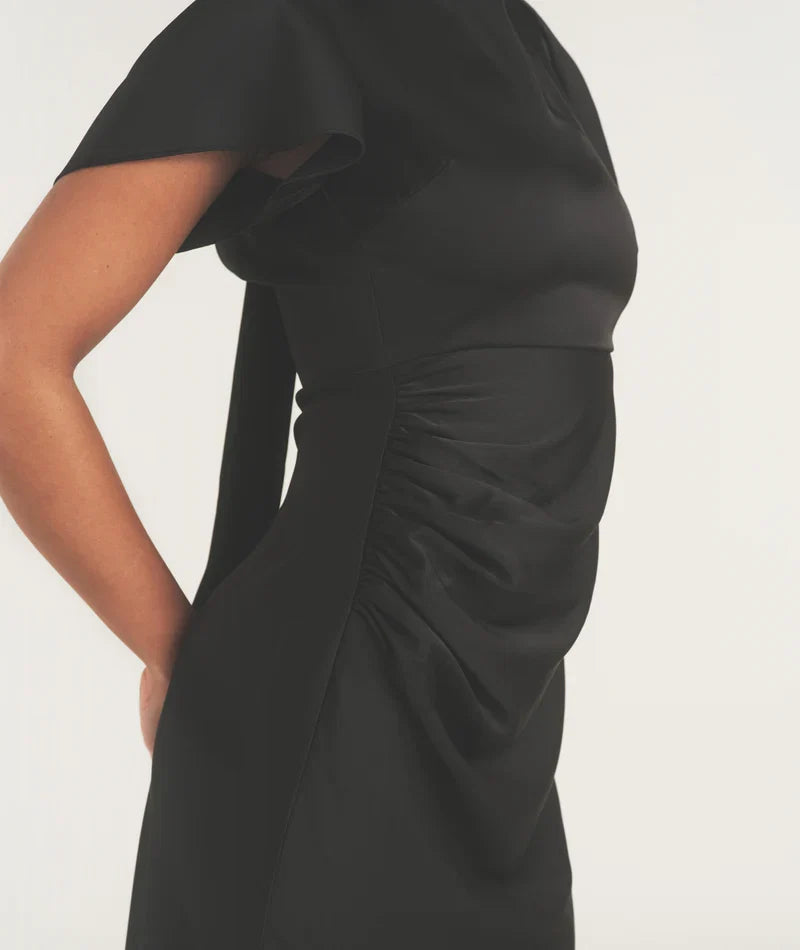 Black Dress Flutter Sleeve Tie Back Bridesmaid Dress Pleated Solid Color Fashion Column Prom Dress