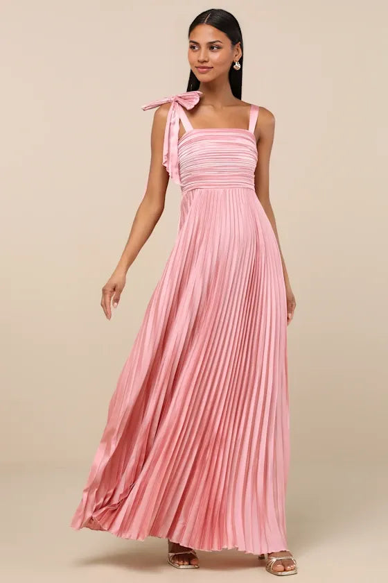Dress Gorgeous Pleated Sleeveless Bow Maxi Dress Evening Dress A-line Sleeveless Square Neck Prom Dress