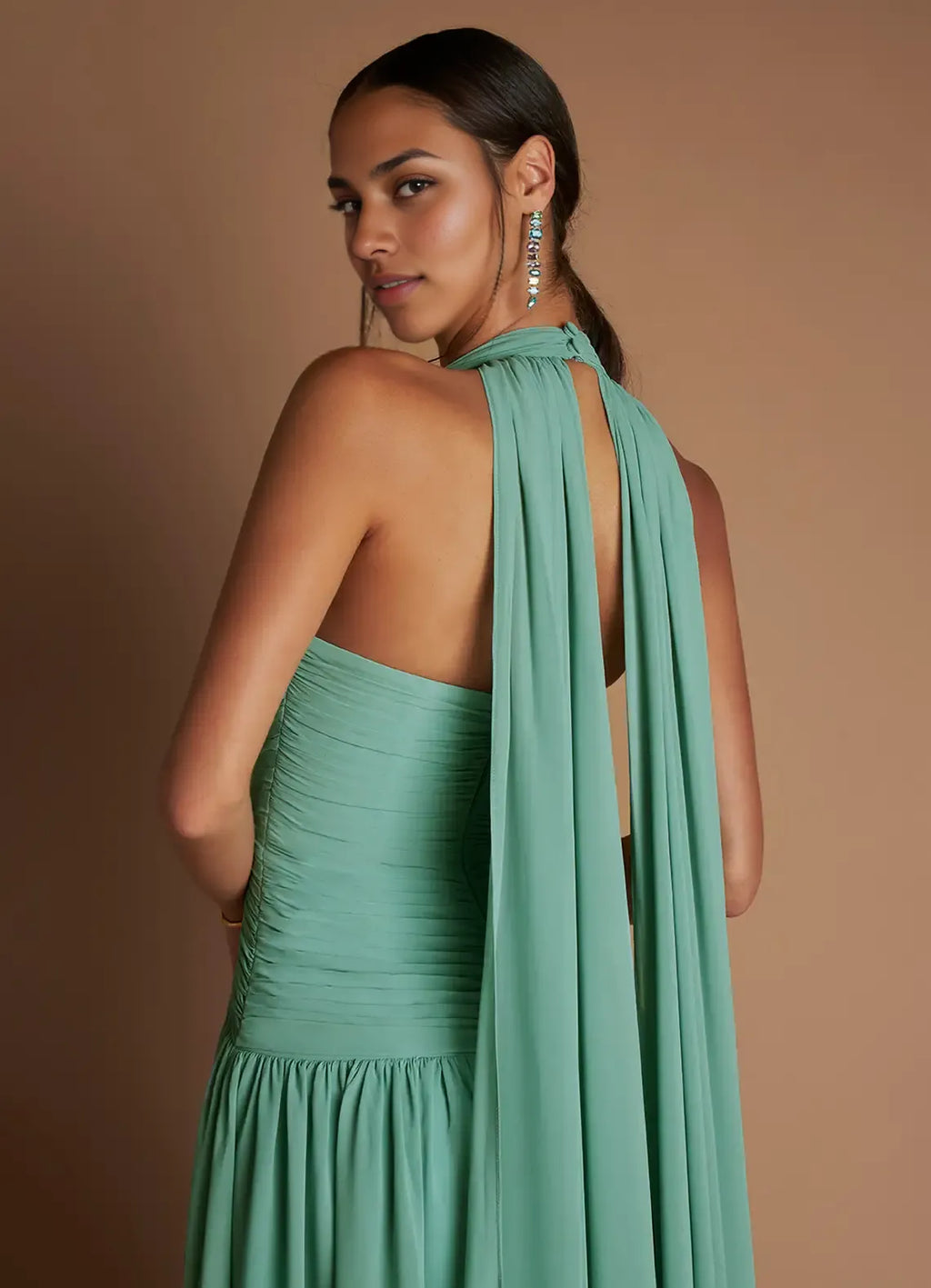 Dress Halter Elegant Maxi Dress Sleeveless A-line Pleated Prom Dress With Flutter Scarf