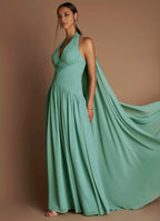 Dress Halter Elegant Maxi Dress Sleeveless A-line Pleated Prom Dress With Flutter Scarf