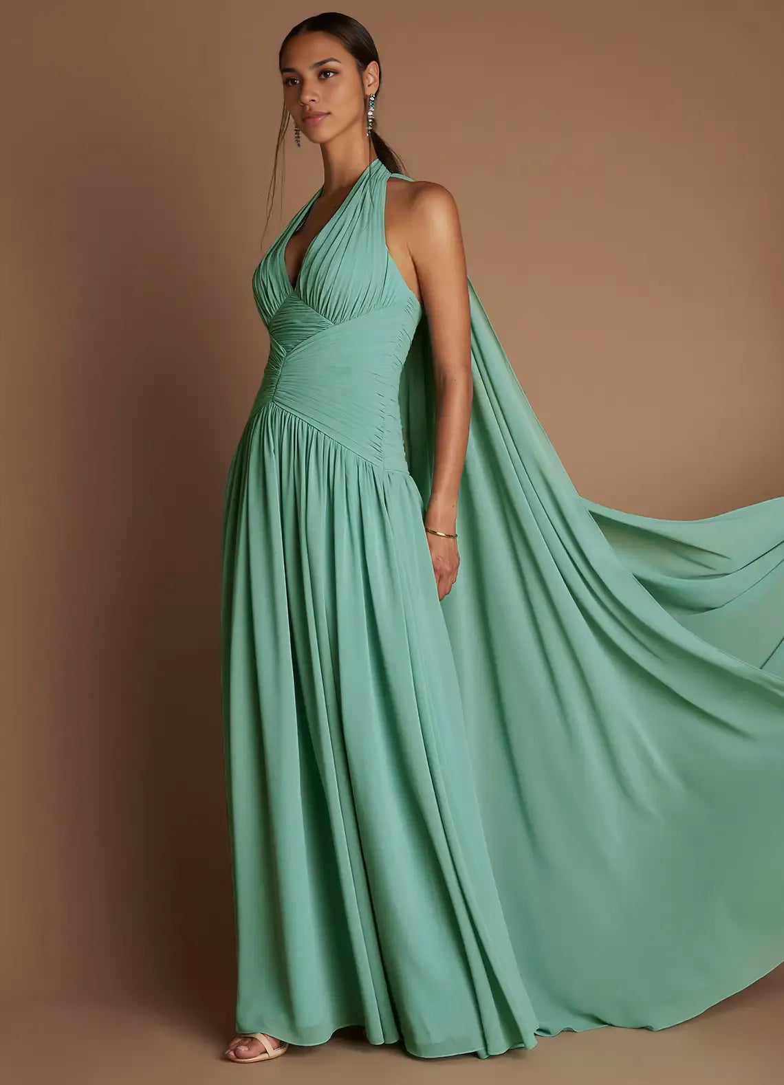 Dress Halter Elegant Maxi Dress Sleeveless A-line Pleated Prom Dress With Flutter Scarf