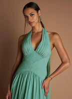 Dress Halter Elegant Maxi Dress Sleeveless A-line Pleated Prom Dress With Flutter Scarf