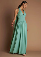 Dress Halter Elegant Maxi Dress Sleeveless A-line Pleated Prom Dress With Flutter Scarf