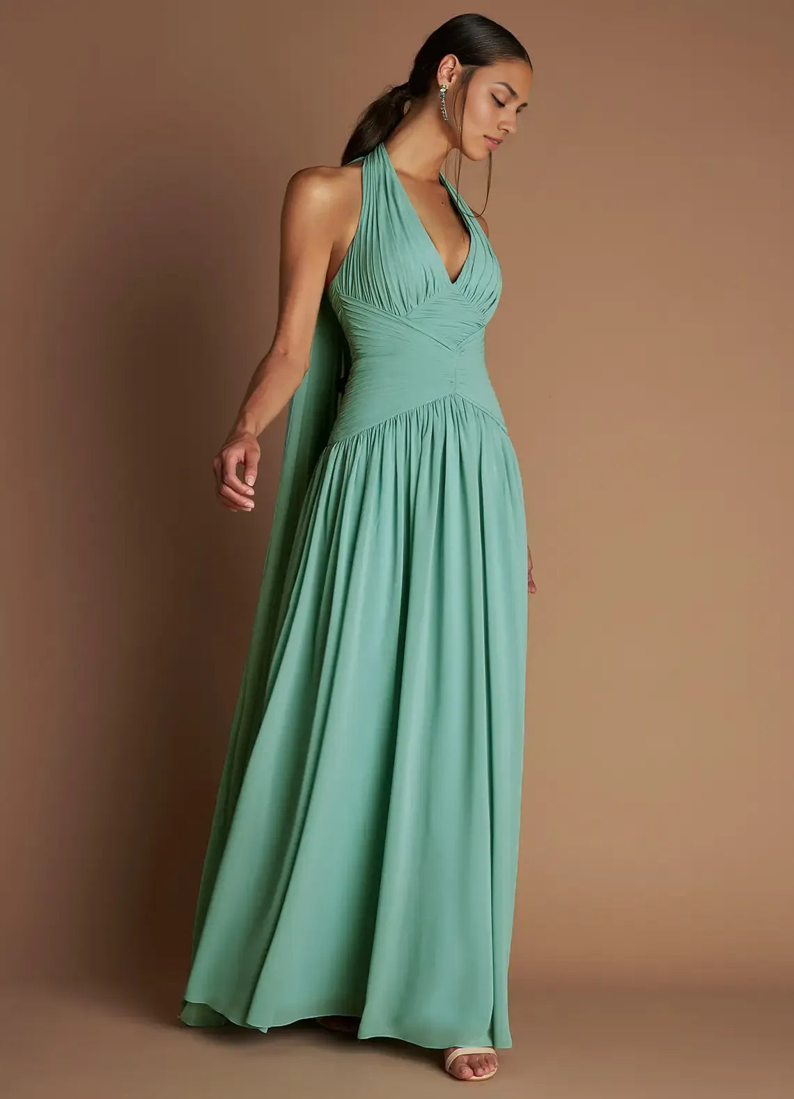 Dress Halter Elegant Maxi Dress Sleeveless A-line Pleated Prom Dress With Flutter Scarf