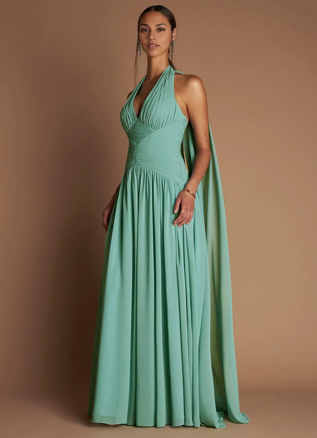 Dress Halter Elegant Maxi Dress Sleeveless A-line Pleated Prom Dress With Flutter Scarf