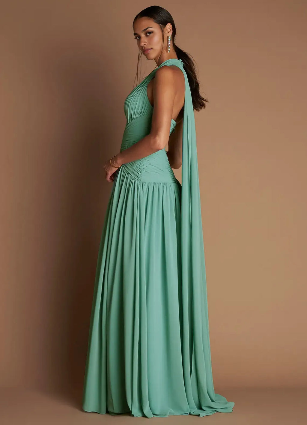 Dress Halter Elegant Maxi Dress Sleeveless A-line Pleated Prom Dress With Flutter Scarf