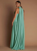Dress Halter Elegant Maxi Dress Sleeveless A-line Pleated Prom Dress With Flutter Scarf