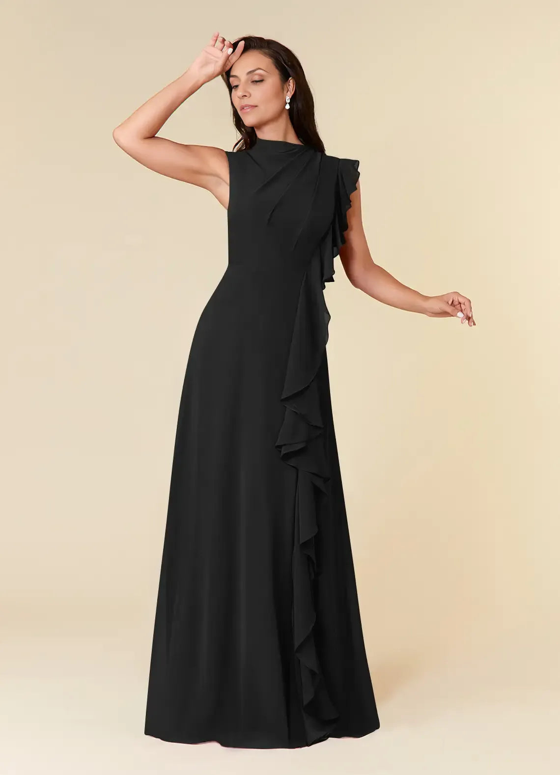 Black Dress High Neck Pleated A-Line Plus Size Mother Of The Bride Evening Dress Classic Sleeveless Cascading Ruffles Mother Of The Groom Dresses