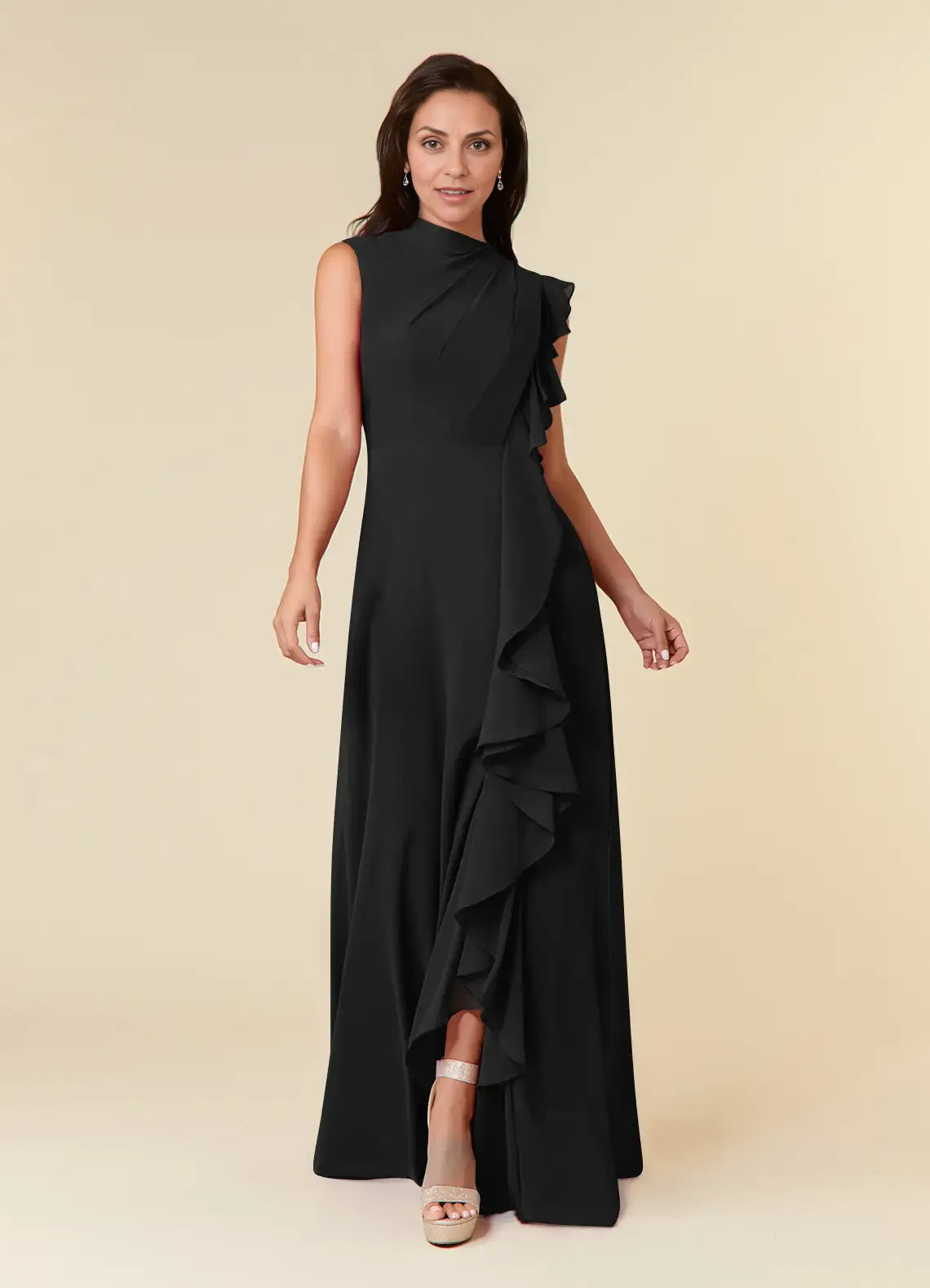 Black Dress High Neck Pleated A-Line Plus Size Mother Of The Bride Evening Dress Classic Sleeveless Cascading Ruffles Mother Of The Groom Dresses