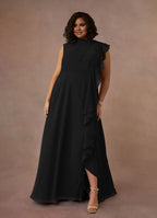 Black Dress High Neck Pleated A-Line Plus Size Mother Of The Bride Evening Dress Classic Sleeveless Cascading Ruffles Mother Of The Groom Dresses