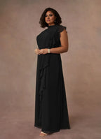 Black Dress High Neck Pleated A-Line Plus Size Mother Of The Bride Evening Dress Classic Sleeveless Cascading Ruffles Mother Of The Groom Dresses