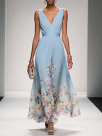 Light Blue Dress Light Romantic Floral V Neck Sleeveless A-Line Maxi Dress Pleats Prom Dress