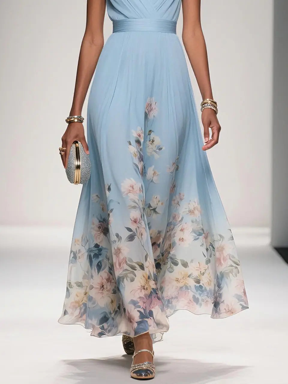 Light Blue Dress Light Romantic Floral V Neck Sleeveless A-Line Maxi Dress Pleats Prom Dress