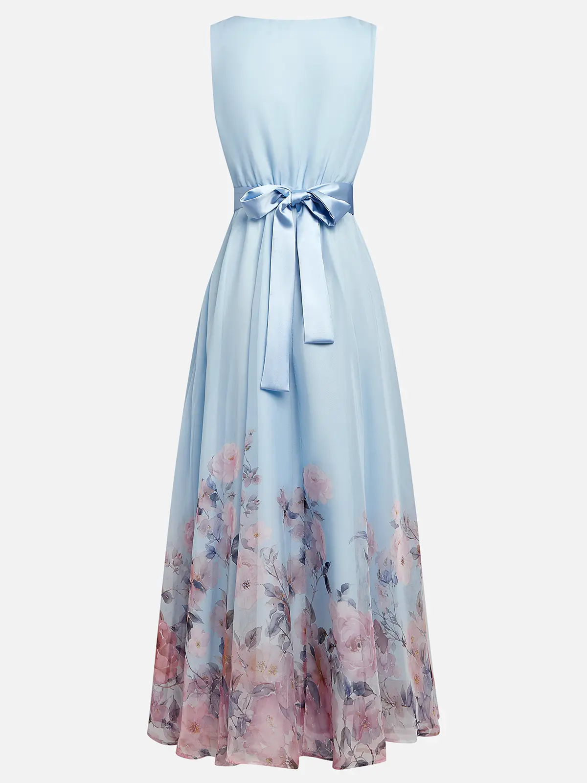 Light Blue Dress Light Romantic Floral V Neck Sleeveless A-Line Maxi Dress Pleats Prom Dress
