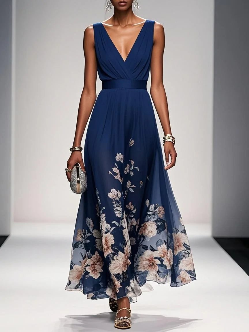 Light Blue Dress Light Romantic Floral V Neck Sleeveless A-Line Maxi Dress Pleats Prom Dress