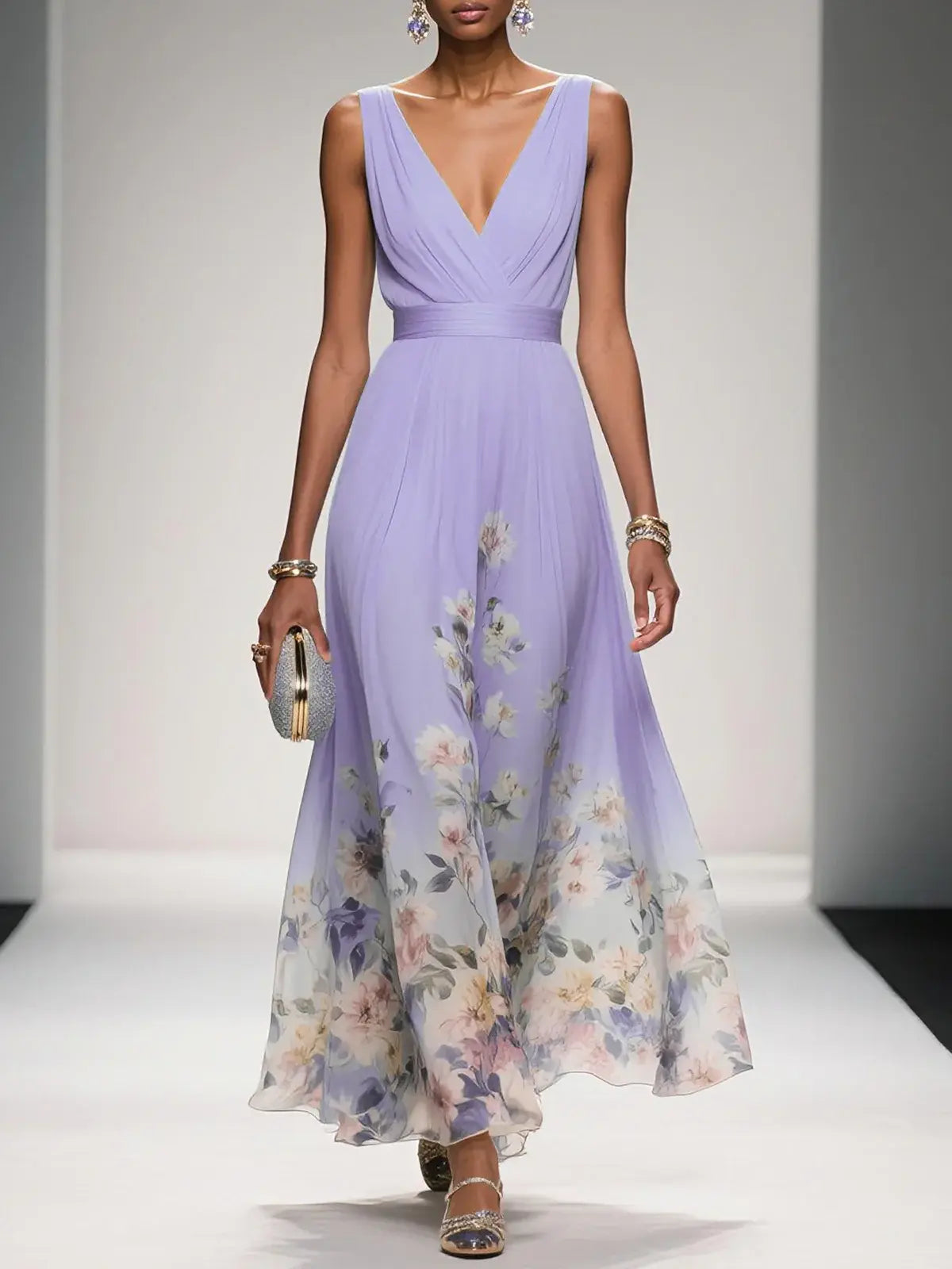 Light Blue Dress Light Romantic Floral V Neck Sleeveless A-Line Maxi Dress Pleats Prom Dress