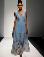 Light Blue Dress Light Romantic Floral V Neck Sleeveless A-Line Maxi Dress Pleats Prom Dress