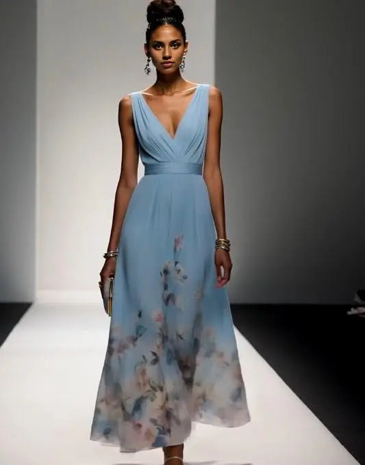 Light Blue Dress Light Romantic Floral V Neck Sleeveless A-Line Maxi Dress Pleats Prom Dress