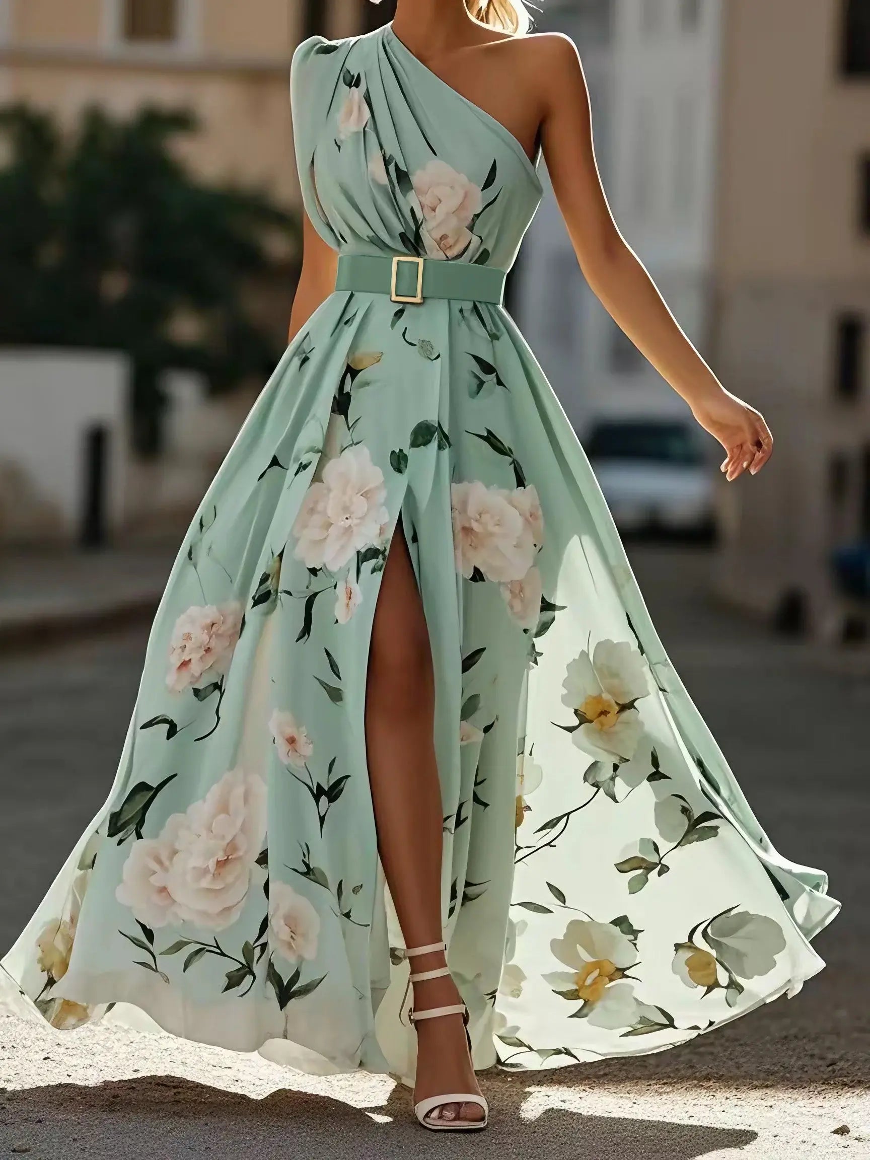 Green Dress Light Floral Ruched One Shoulder A-Line Maxi Romantic Flower Printed Dress Maxi Dress