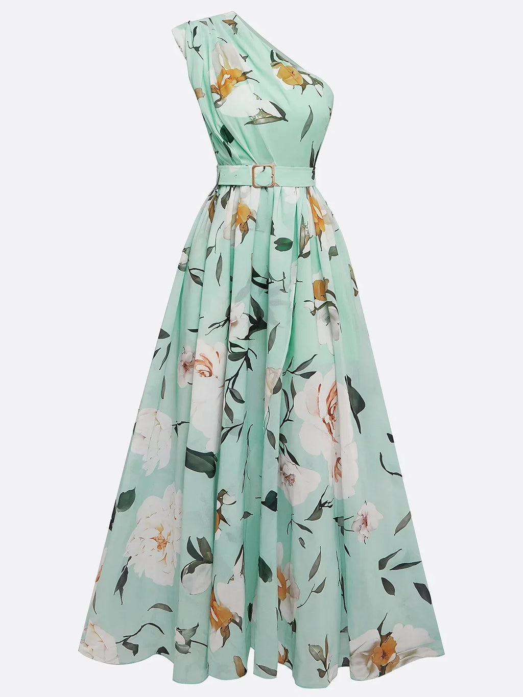 Green Dress Light Floral Ruched One Shoulder A-Line Maxi Romantic Flower Printed Dress Maxi Dress