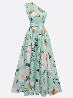 Green Dress Light Floral Ruched One Shoulder A-Line Maxi Romantic Flower Printed Dress Maxi Dress