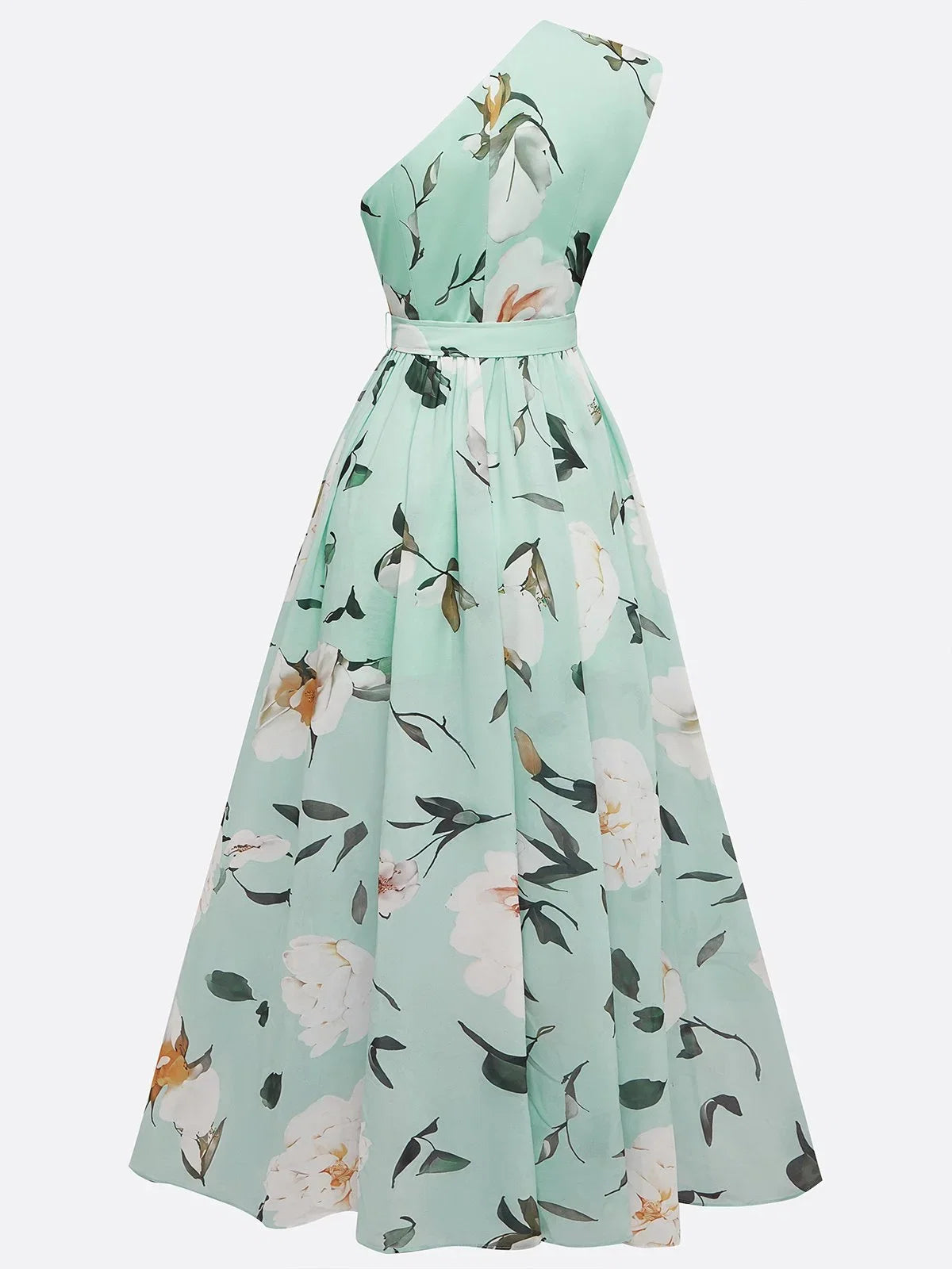 Green Dress Light Floral Ruched One Shoulder A-Line Maxi Romantic Flower Printed Dress Maxi Dress